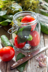 Vegetables and herbs in the glass jar for home canning.