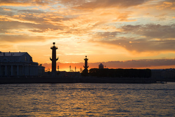 Cloudy sunset over the Spit of Vasilyevsky Island. St. Petersburg