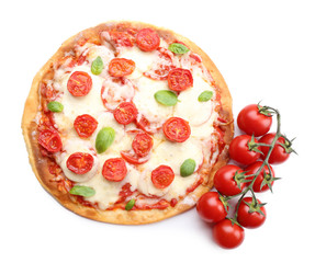 Delicious pizza with cheese and cherry tomatoes isolated on white
