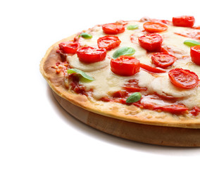 Delicious pizza with cheese and cherry tomatoes isolated on white