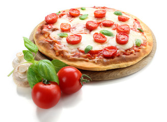 Delicious pizza with cheese and cherry tomatoes isolated on white