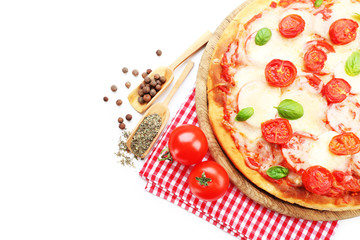 Delicious pizza with cheese and cherry tomatoes isolated on white