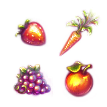 Set of fruits and vegetables. Strawberry, carrot,  grapes, apple