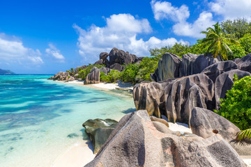 Tropisch Paradijs van de Seychellen- Anse Source d& 39 Argent - Strand op het eiland La Digue