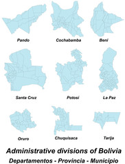 Fototapeta premium Large and detailed maps of all departments and provinces of Bolivia.
