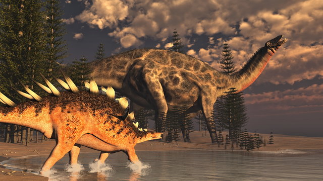 Dicraeosaurus and kentrosaurus dinosaurs - 3D render