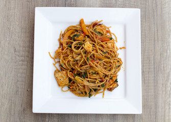 Vegan spaghetti with tofu and pepper delicious from above