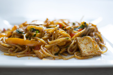 Vegan spaghetti with tofu and pepper delicious