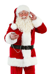 Santa Claus with headphones listening to music, isolated on white background