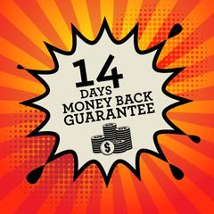 Comic book explosion with text 14 days Money Back Guarantee