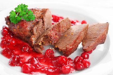 Tasty roasted meat with cranberry sauce on plate, close-up