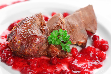 Tasty roasted meat with cranberry sauce on plate, close-up