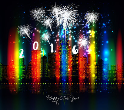 happy new year 2016 with firework city at night
