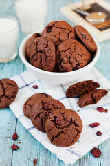 Homemade chocolate chip cookie or biscuit with dried cranberries and milk on vintage wooden background