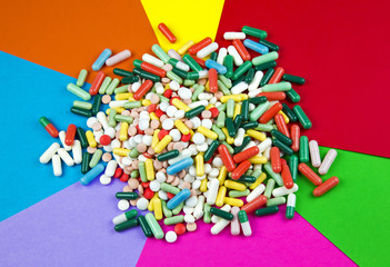 Bunch of drugs on colorful background