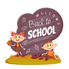 Back to school poster. Schoolboy and schoolgirl sitting on the