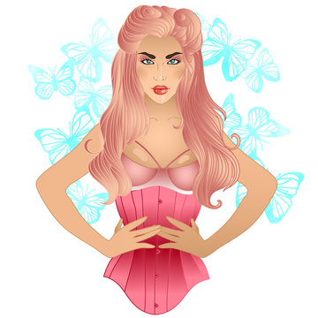 beautiful vector illustration of a girl in the style of pin-up 30's with corset and watercolor butterfly