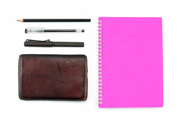 Notebook and stationery isolated on white background