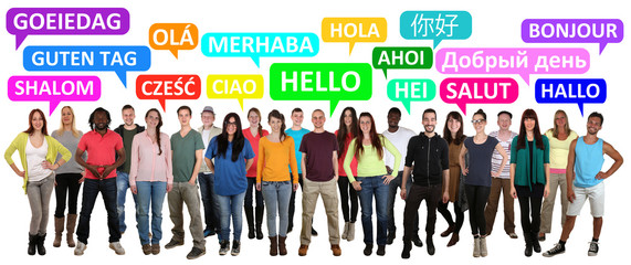 Multi ethnic group of smiling young people saying hello