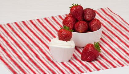 Fresh Strawberries With Sweet Cream. Natural Cotton Napkin