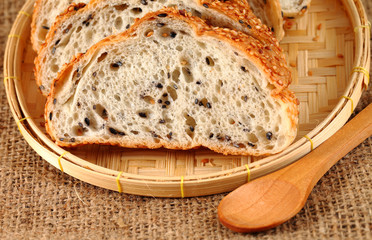 Fresh sliced bread in a wicker basket