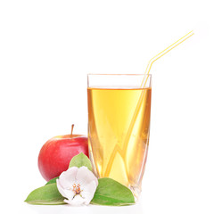 Glass of apple juice and apples, isolated on white
