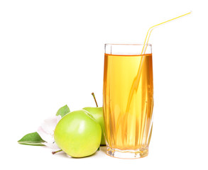 Fototapeta na wymiar Glass of apple juice and apples, isolated on white