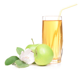 Glass of apple juice and apples, isolated on white