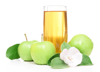 Glass of apple juice and apples, isolated on white