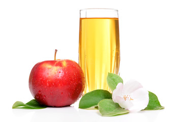 Glass of apple juice and apples, isolated on white