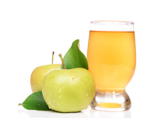 Glass of apple juice and apples, isolated on white