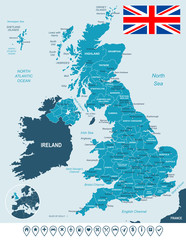 United Kingdom map, flag and navigation labels - highly detailed vector illustration. Image contains land contours, country and land names, city names, water object names, flag, navigation icons.