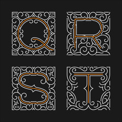The set of monogram emblem templates. Elegant frames ornament logo design in line style with letters Q, R, S, T. Vector Illustration.