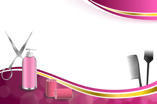 Background abstract pink hairdressing barber tools red curler scissors brush gold ribbon frame illustration vector
