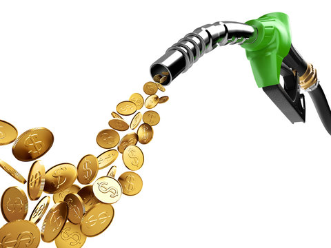 Gasoline pump and gold coin with dollar sign