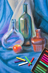 Artists pastels and original pastel drawing of still life.