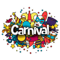 Carnival show background with doodle icons and objects