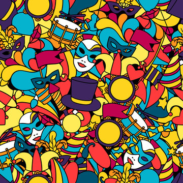 Carnival show seamless pattern with doodle icons and objects
