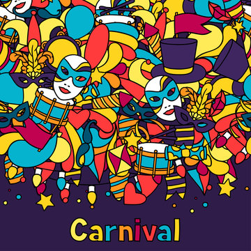 Carnival show seamless pattern with doodle icons and objects