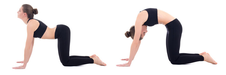 Fototapeta na wymiar young woman doing yoga isolated on white