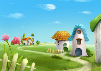  Wonderland country village. Fairy landscape