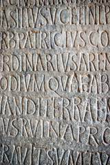 Latin text. Full frame detail of carved latin text on an ancient Roman building.
