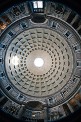 Obraz premium Pantheon ceiling detail. A 180 degree super wide fish-eye view looking directly up at the dome within The Pantheon, Rome, Italy.