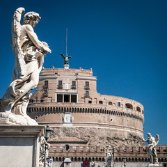 Castel Sant Angelo, Rome, Italy. A view over the Sant Angelo bridge which crosses the River Tiber...