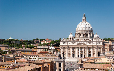The Vatican City. An elevated view over the rooftops of the Vatican City looking towards St. Peter's square and the Basilica.