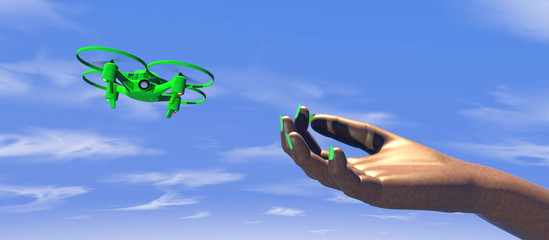High quality 3D render of a miniature UAV nano-drone taking off from a female human hand. Fictitious UAV is a unique design. Bright blue overcast sky, motion blur for dramatic effect.