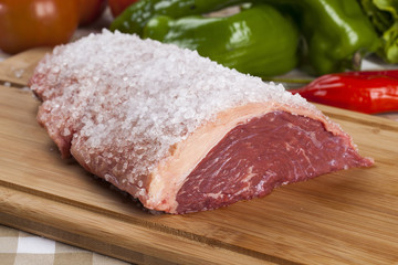 raw steak on wooden board