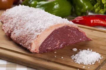 raw steak on wooden board
