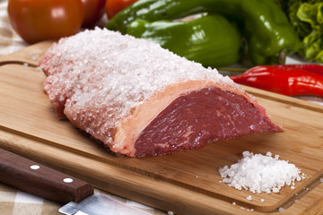 raw steak on wooden board