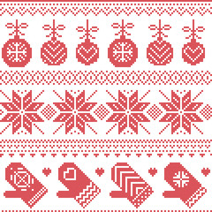 Scandinavian Nordic seamless Christmas pattern with Xmas baubles, gloves, stars, snowflakes, Xmas ornaments, snow element, hearts in red cross stitch
